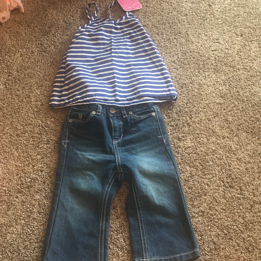 Adorable jeans with blue and white tank